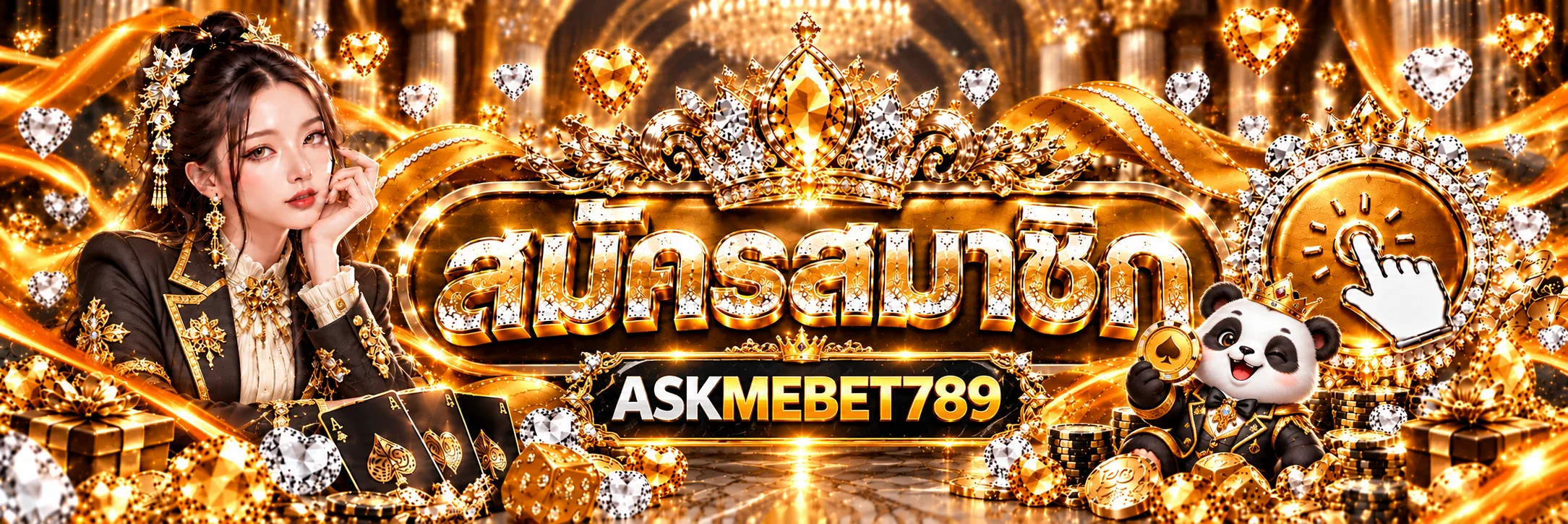 แบนเนอร์สมัครสมาชิก ASKMEBET789 พร้อมมาสคอตแพนด้า PG Soft